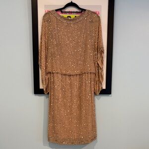 Patra Elegant Gold Sequin Dress Bell Sleeves